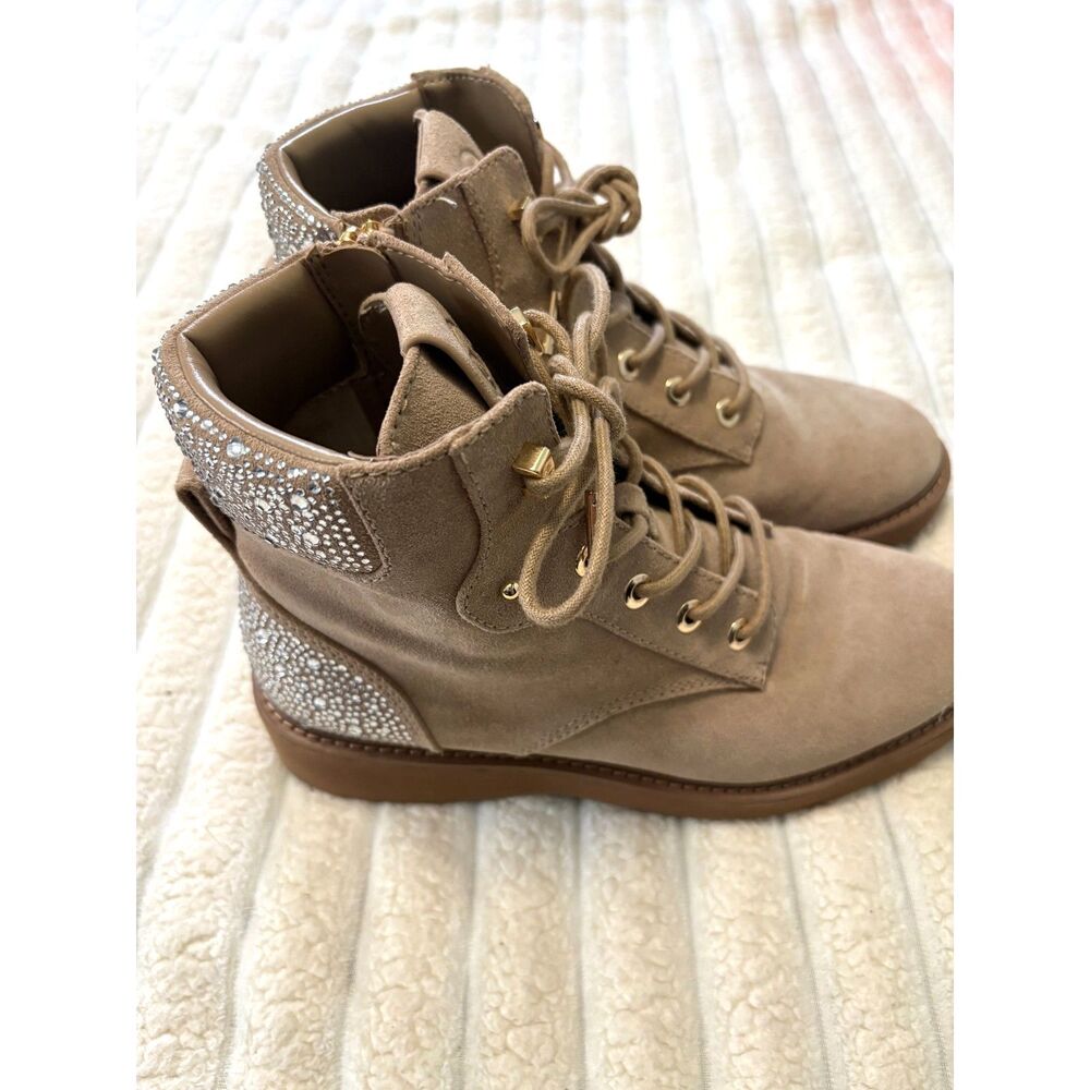 NWOT Michael Kors Tan Suede Rhinestone Studded Combat Booties Size 9 M
